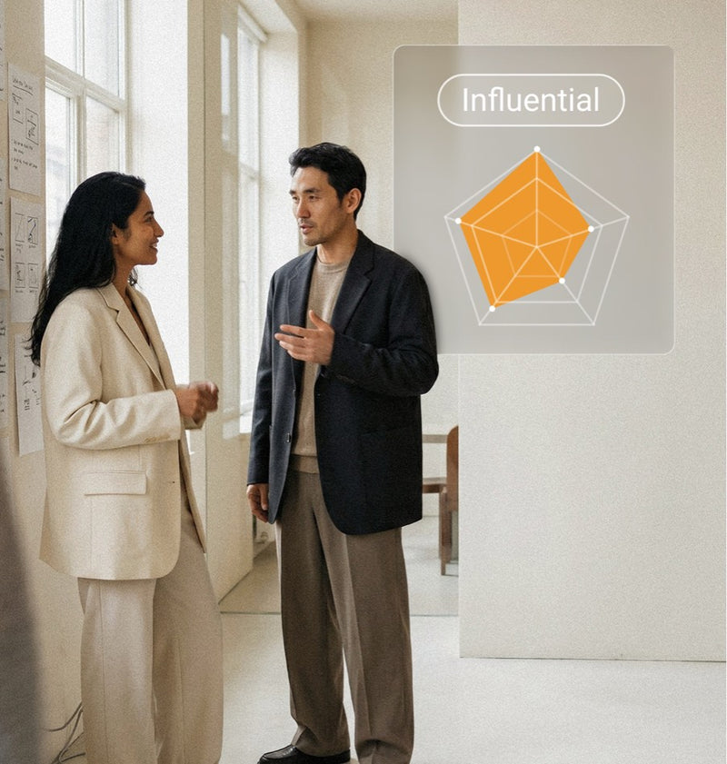 Two colleagues talking by a window, with a Pigment Influential strengths radar