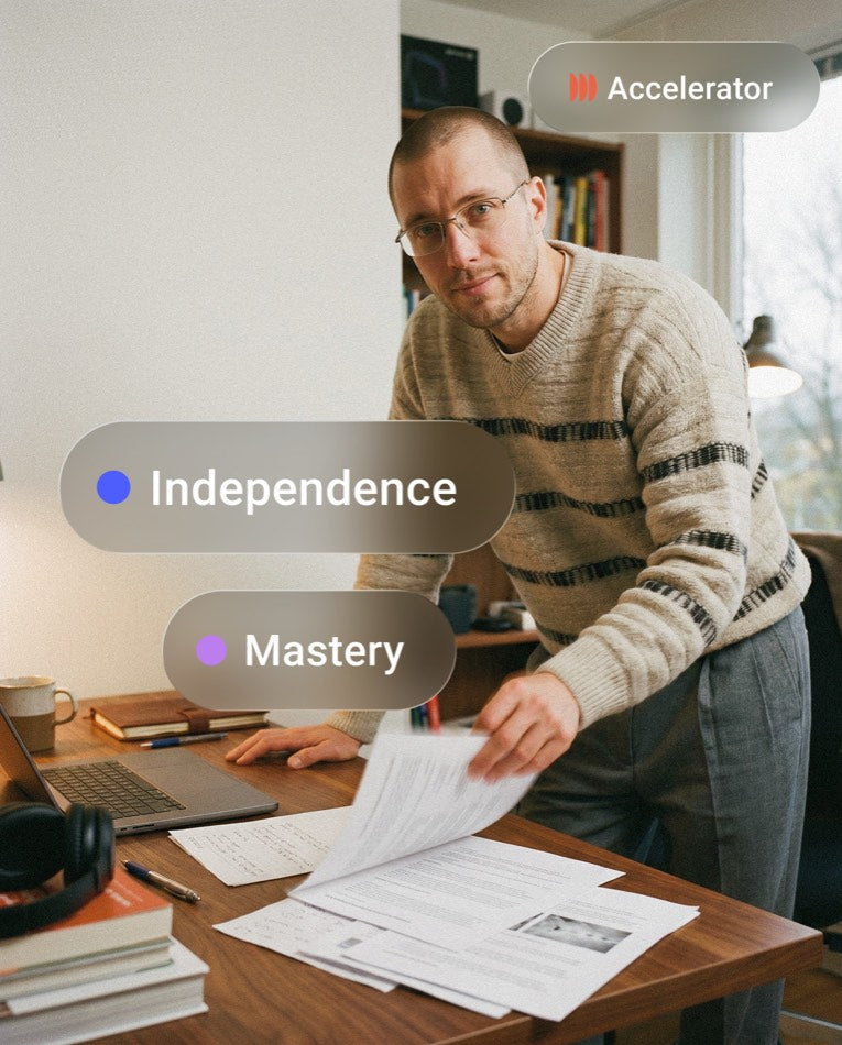 Man in glasses reviewing a document at a home desk, with Pigment strength labels