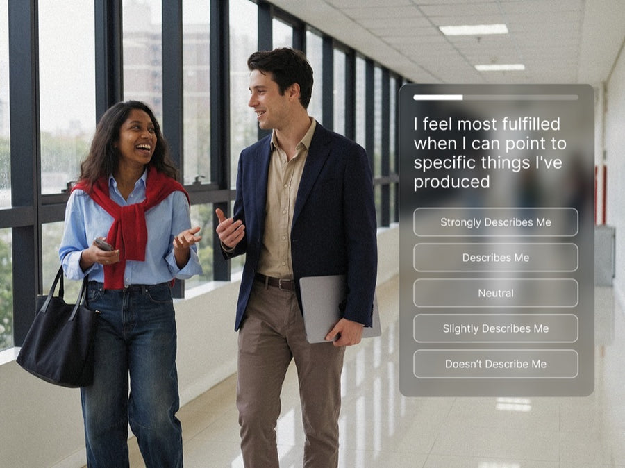 Two students walking in a campus hallway with a Pigment assessment Likert-scale question floating beside them.