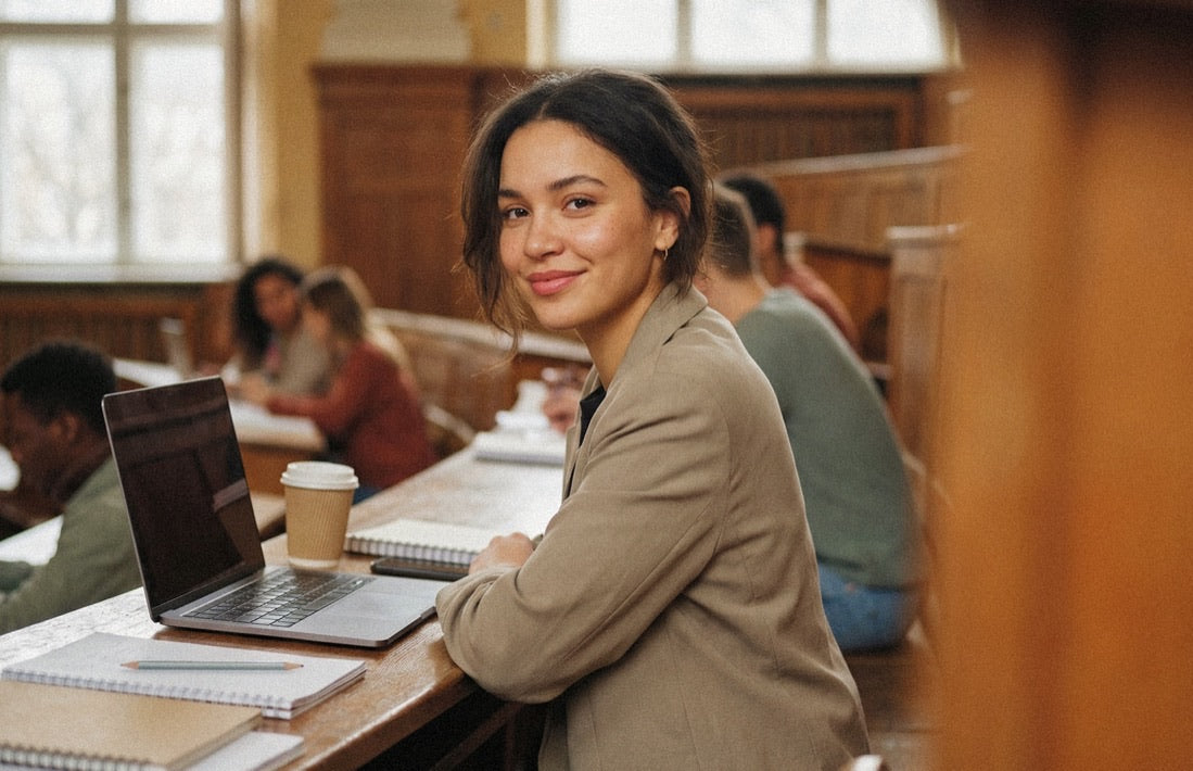Student smiling in a university lecture hall with a laptop and notebook on the table.