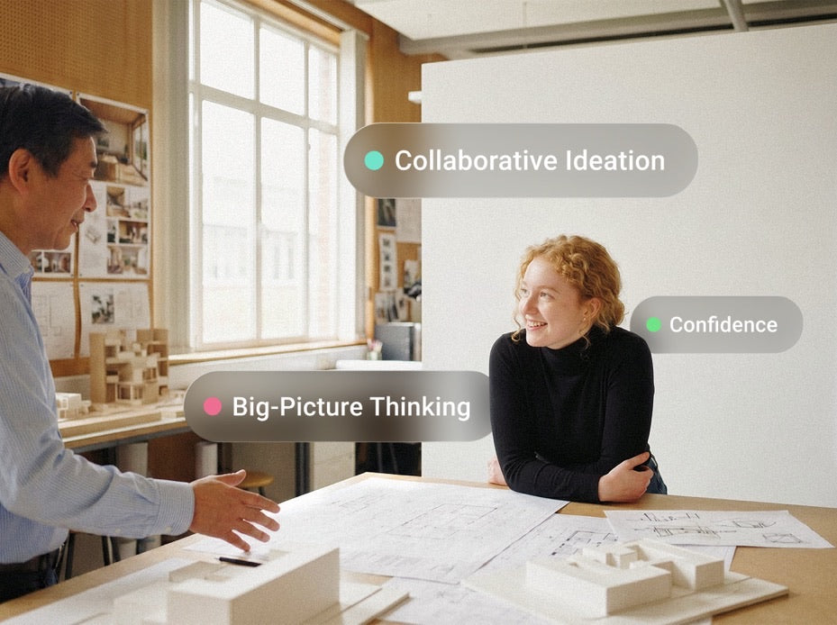 Two people collaborating at a studio table with architectural plans and Pigment strength pills overlaid.
