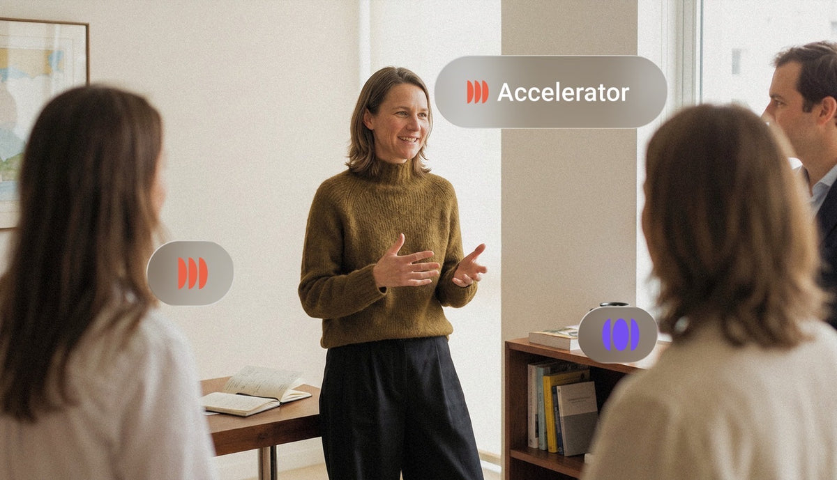 Woman presenting to colleagues with Pigment Accelerator work-style pills floating in the foreground.