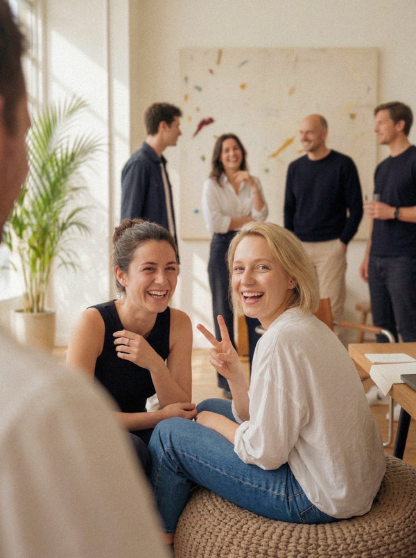 Two women laughing together while colleagues mingle around a whiteboard in a sunlit studio.