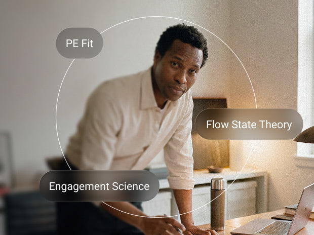 Man with labels PE Fit, Flow State Theory, and Engagement Science