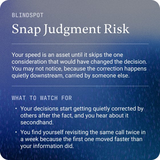 Blindspot section from the Pigment Superpower Profile showing Snap Judgment Risk as the shadow of a speed-based strength