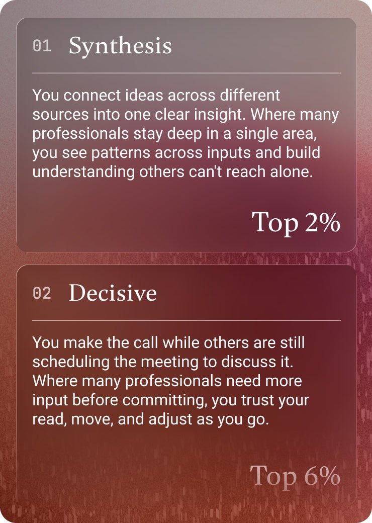 Strengths ranked by rarity in the Pigment Superpower Profile — Synthesis at top 2% and Decisive at top 6%
