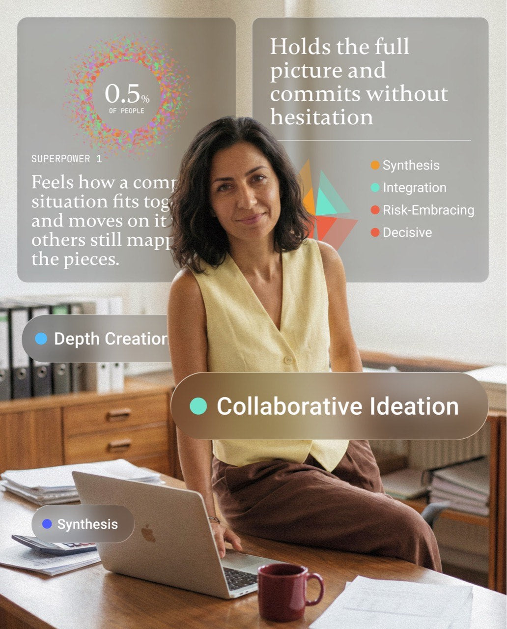 Superpower profile glass cards over a woman at a desk, showing a rare 0.5 percent strength with traits like Synthesis and Decisive