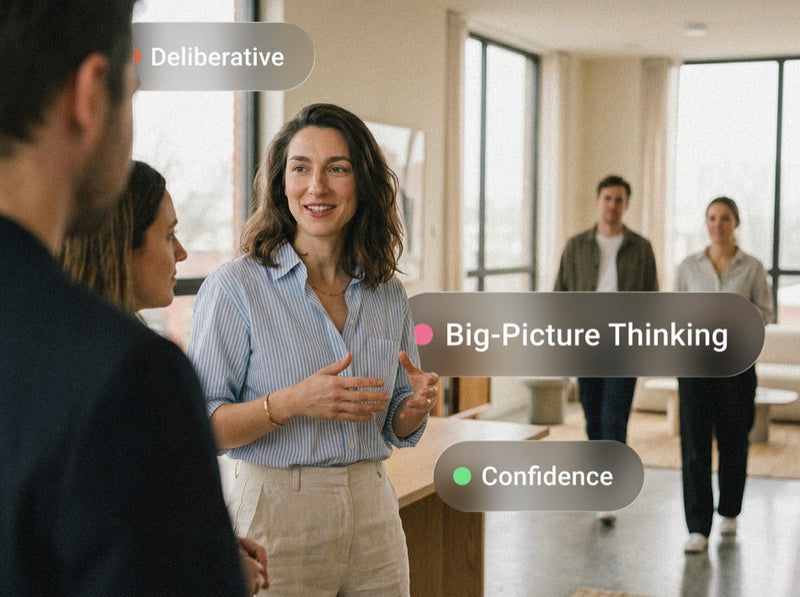 Woman presenting to a small group, with Pigment big-picture thinking labels