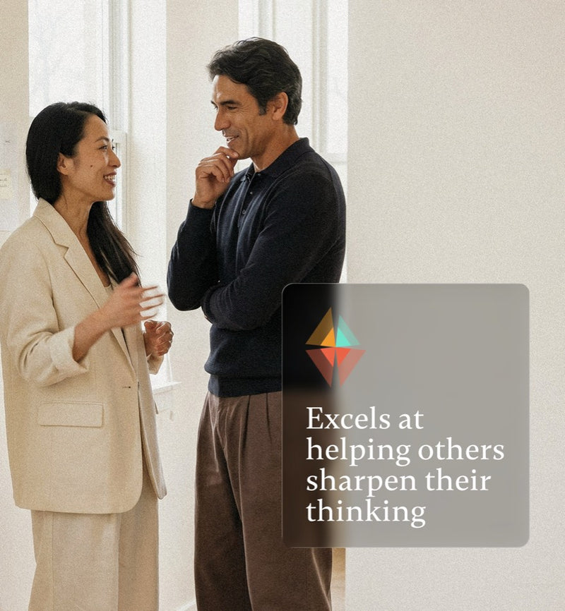 Two colleagues in conversation, with a Pigment card on sharpening others thinking