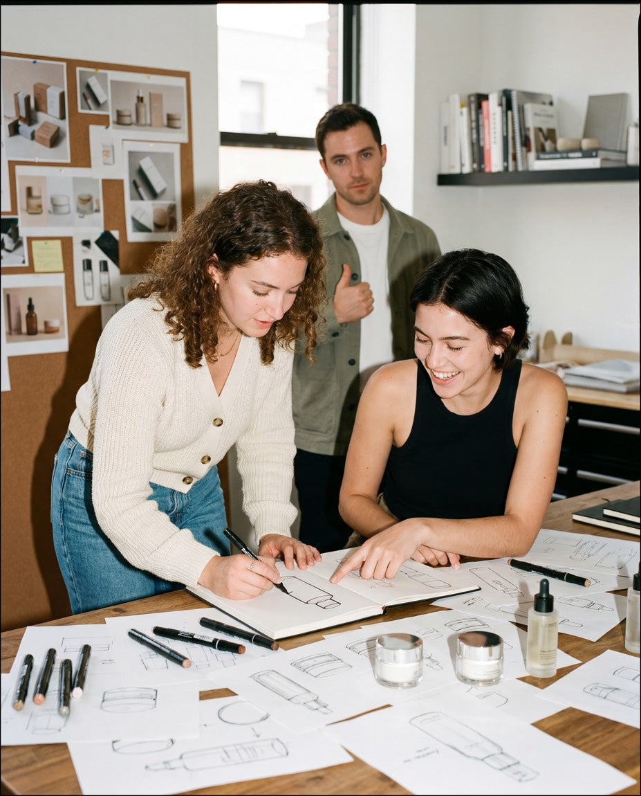 Two women collaborating on product sketches while a colleague gives a thumbs-up