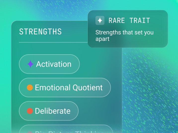 Pigment result panel showing a rare-trait label and strengths Activation, Emotional Quotient, and Deliberate