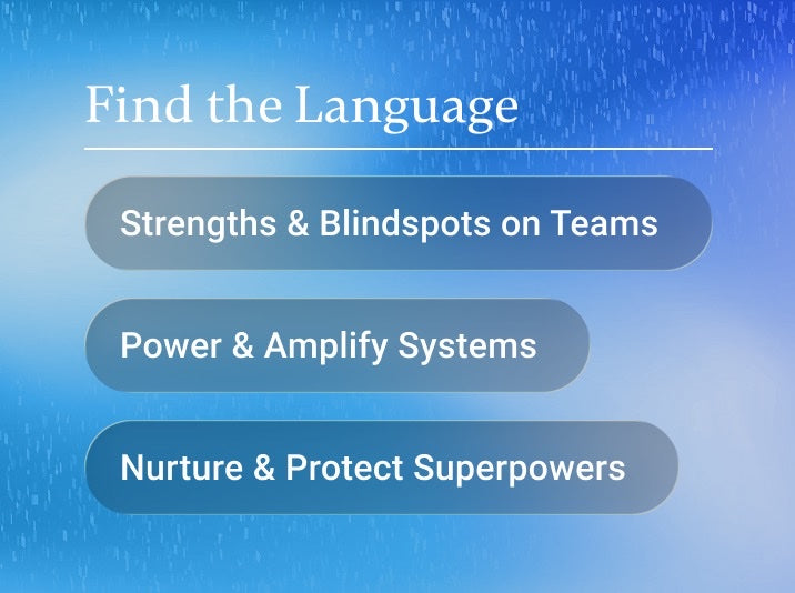 Pigment Superpower Profile leadership language panel listing Strengths and Blindspots on Teams, Power and Amplify Systems, Nurture and Protect Superpowers