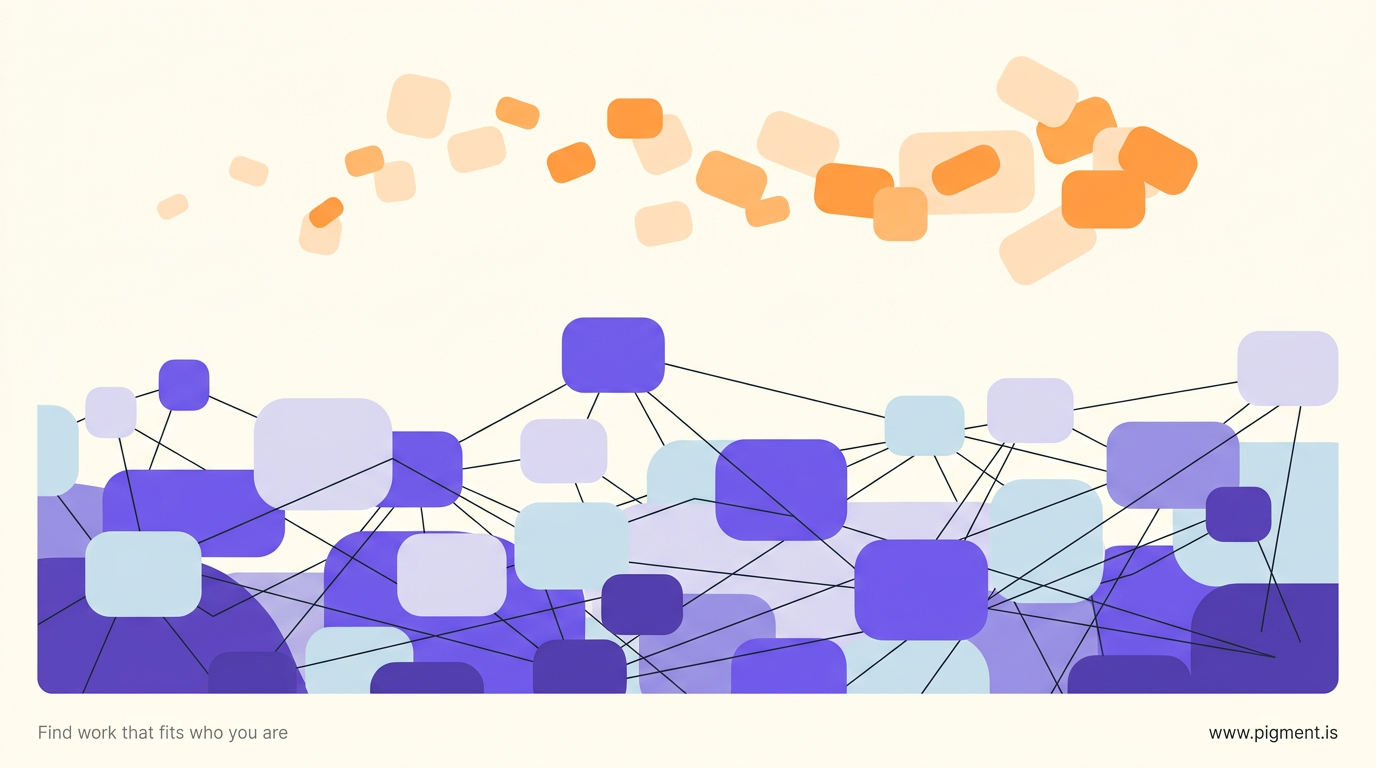 Abstract warm composition: a bright quick flow of light shapes across the top over a deeper, denser layered constellation below, evoking a surface interest read versus a deeper behavioral read.