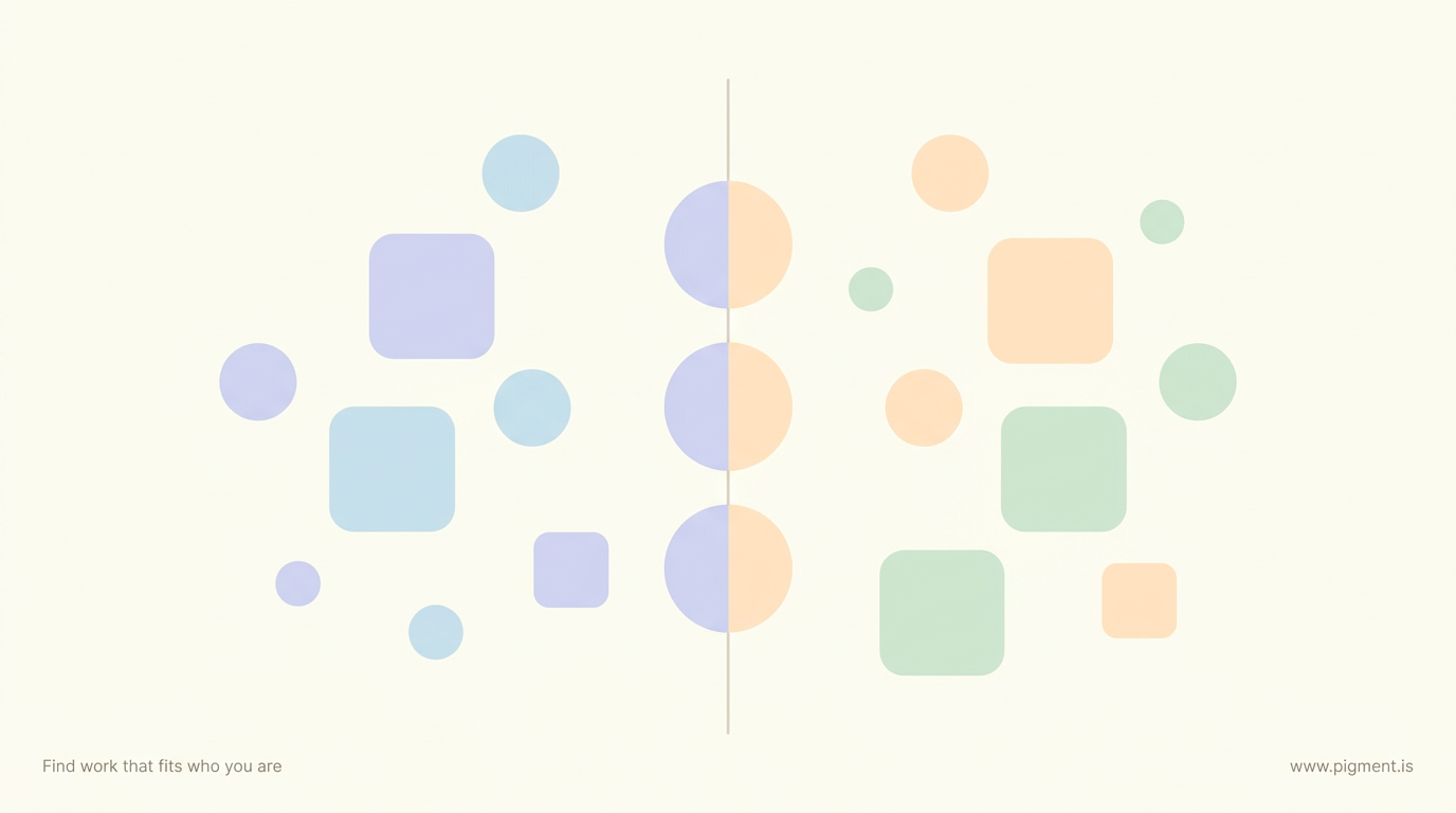 Abstract warm composition on cream: lavender and ice-blue shapes on the left, peach and mint on the right, and three shapes balanced on a central line, showing how a quick MBTI test sorts people fast while many sit near the boundary.