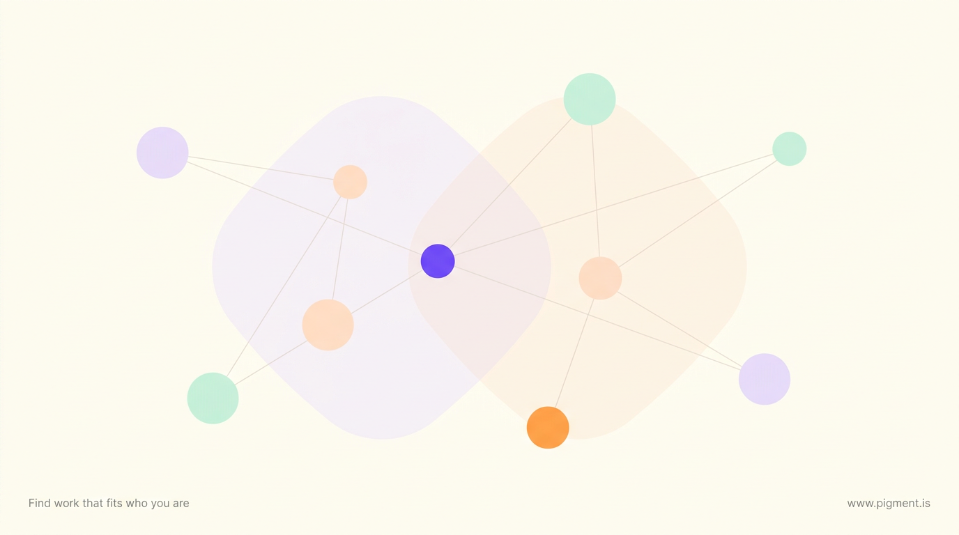 Abstract warm composition of eight small pastel and violet circles loosely connected into a constellation, with two faint overlapping groupings, suggesting eight cognitive functions read under more than one interpretation.