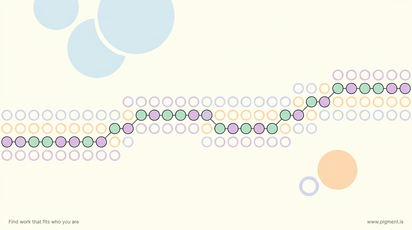 Abstract geometric hero for a sales aptitude test guide: a rhythmic band of circles in peach, lavender, and mint on cream, most hollow and a few filled and linked, evoking the daily pattern of contact and connection in selling