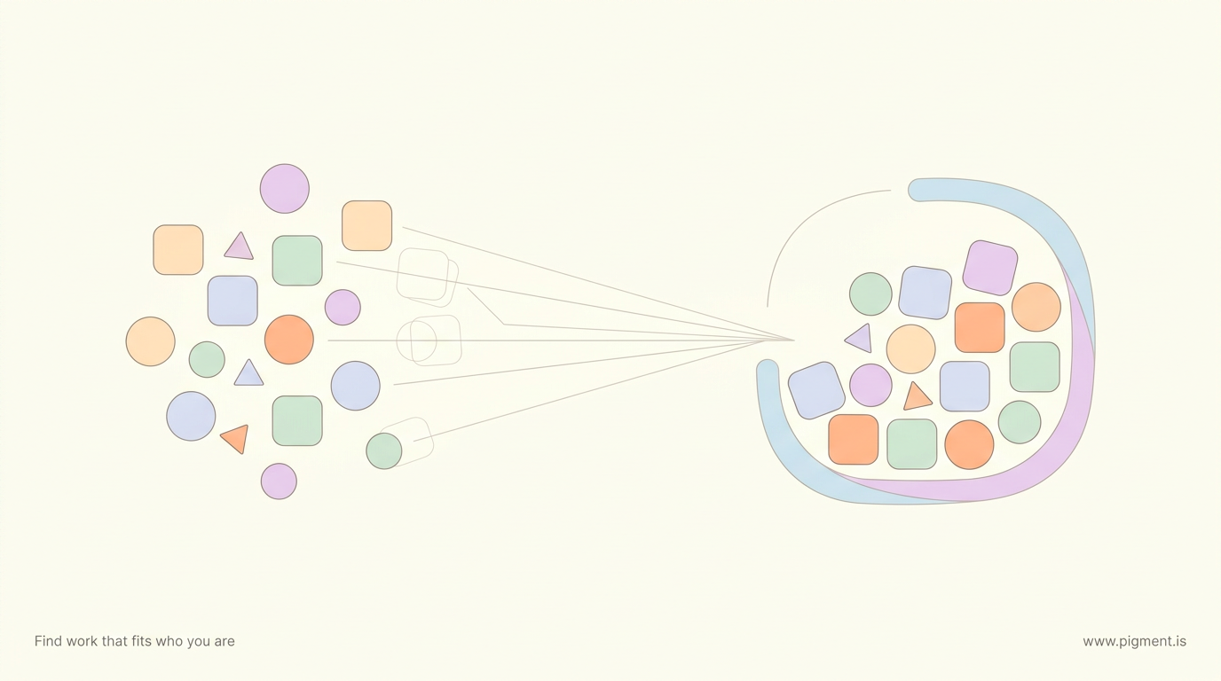 Abstract flat-vector composition on cream: a cluster of peach, lavender, and mint shapes on the left trails rightward into an ice-blue and lilac enclosure, suggesting skills that travel between jobs settling into work that fits.