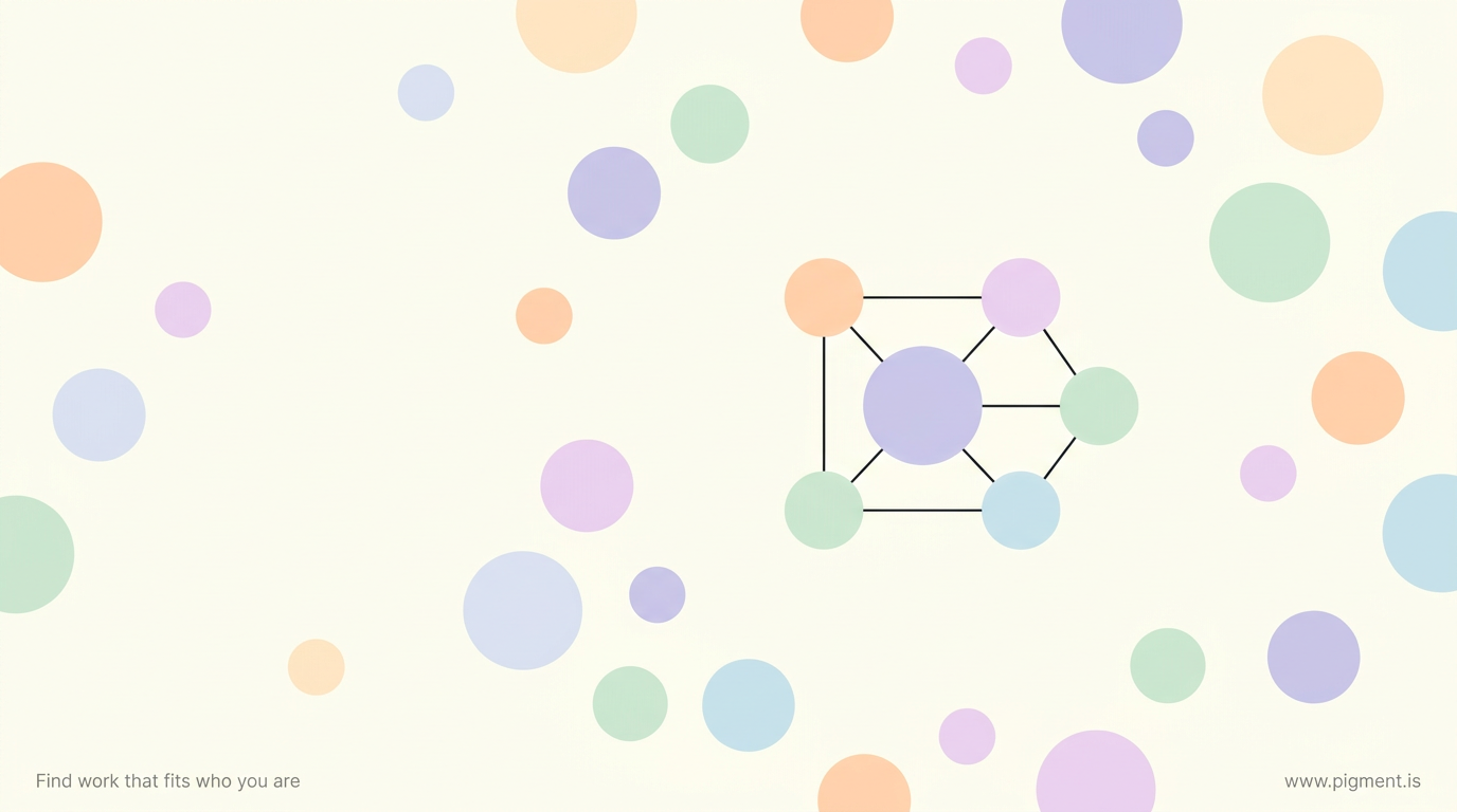 Abstract Pigment hero: soft pastel circles scattered on cream like possible careers, with a small central cluster joined by thin charcoal lines showing the few that fit, and looser circles around the edges that only attract.