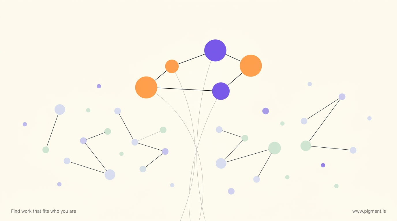 Abstract Pigment constellation on cream: many small lavender and mint talent nodes with five larger orange and violet nodes rising and linked above the rest, suggesting a few dominant themes emerging from a wider field.
