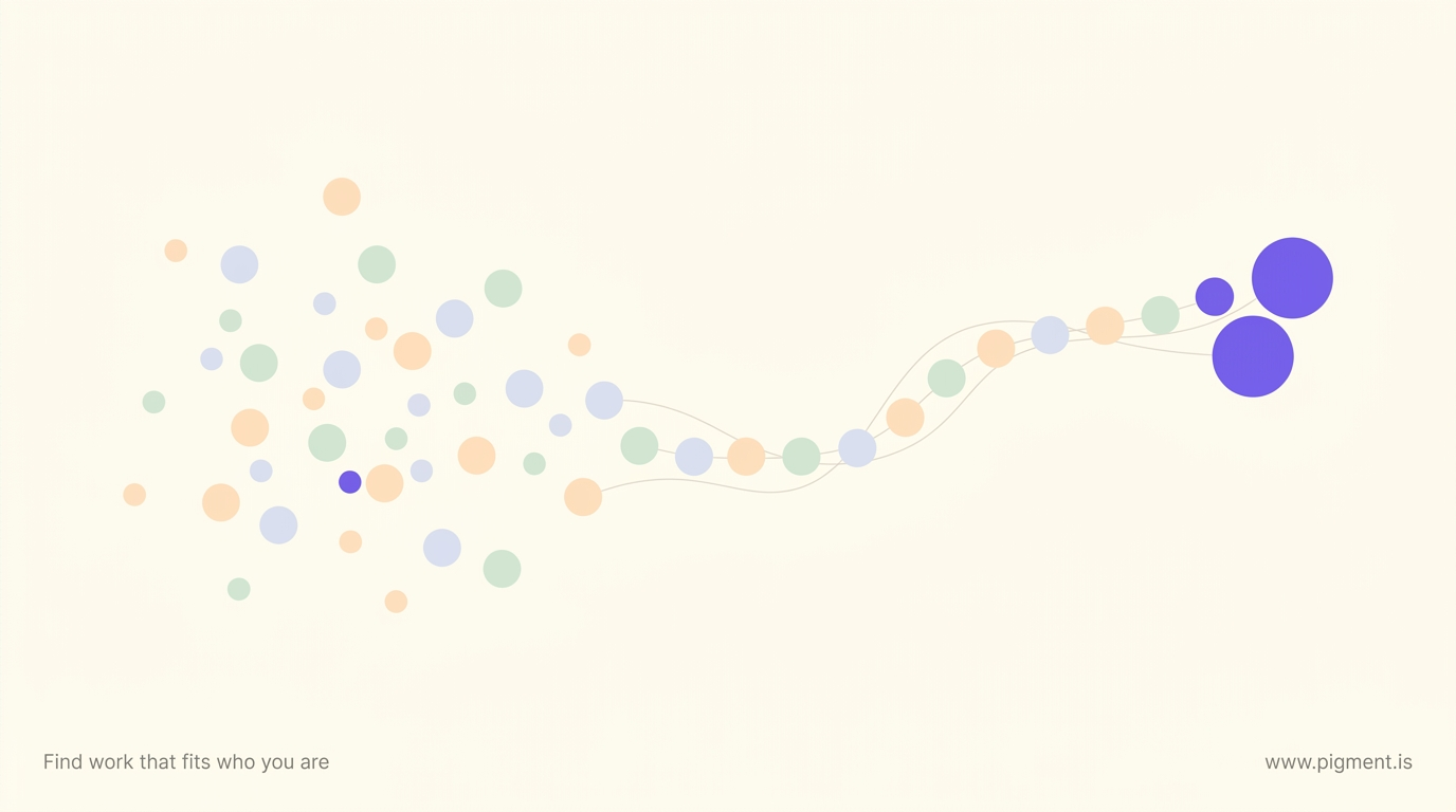 Abstract Pigment hero on warm cream: scattered peach, lavender, and mint dots drift on the left, then fall into a single rising violet path on the right, picturing named strengths resolving into a career direction.