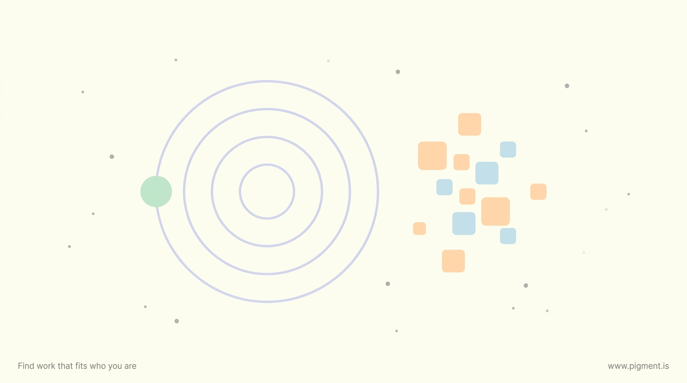 Abstract flat-vector hero on cream: three concentric lavender rings with a mint dot on the outer ring, beside a separate cluster of peach and ice-blue shapes, evoking interest matched to satisfied workers versus the behavior it misses.