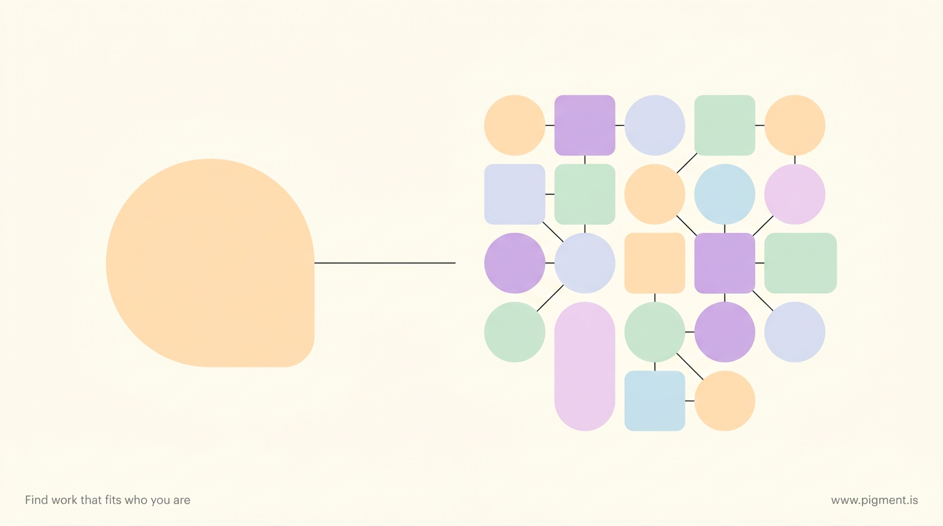 Abstract flat-vector composition in warm Pigment pastels on cream: one large solitary peach shape set apart from a linked cluster of small shapes, evoking one person's own career read beside a grouped school program.