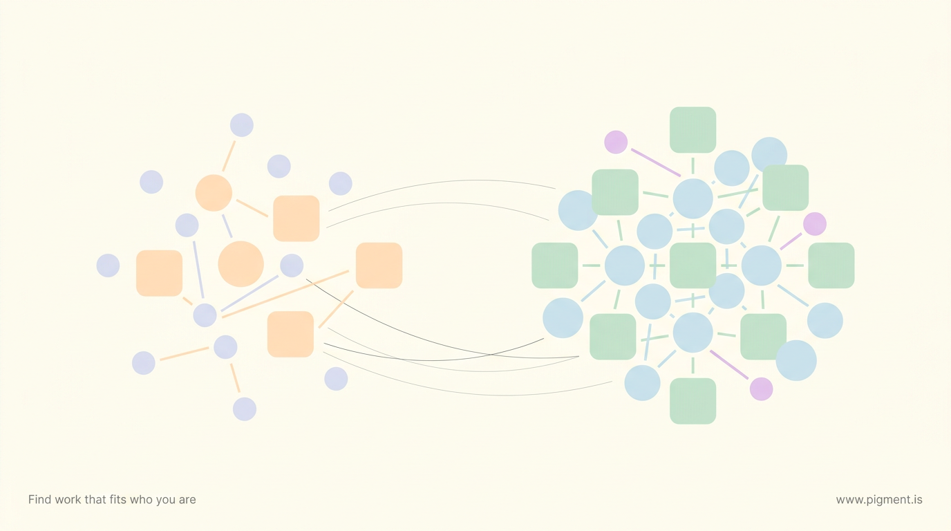 Abstract flat-vector constellation on cream: two loose clusters of small peach, lavender, mint, and ice-blue shapes joined by thin arcing lines, evoking a move from an early career stage to an established one.