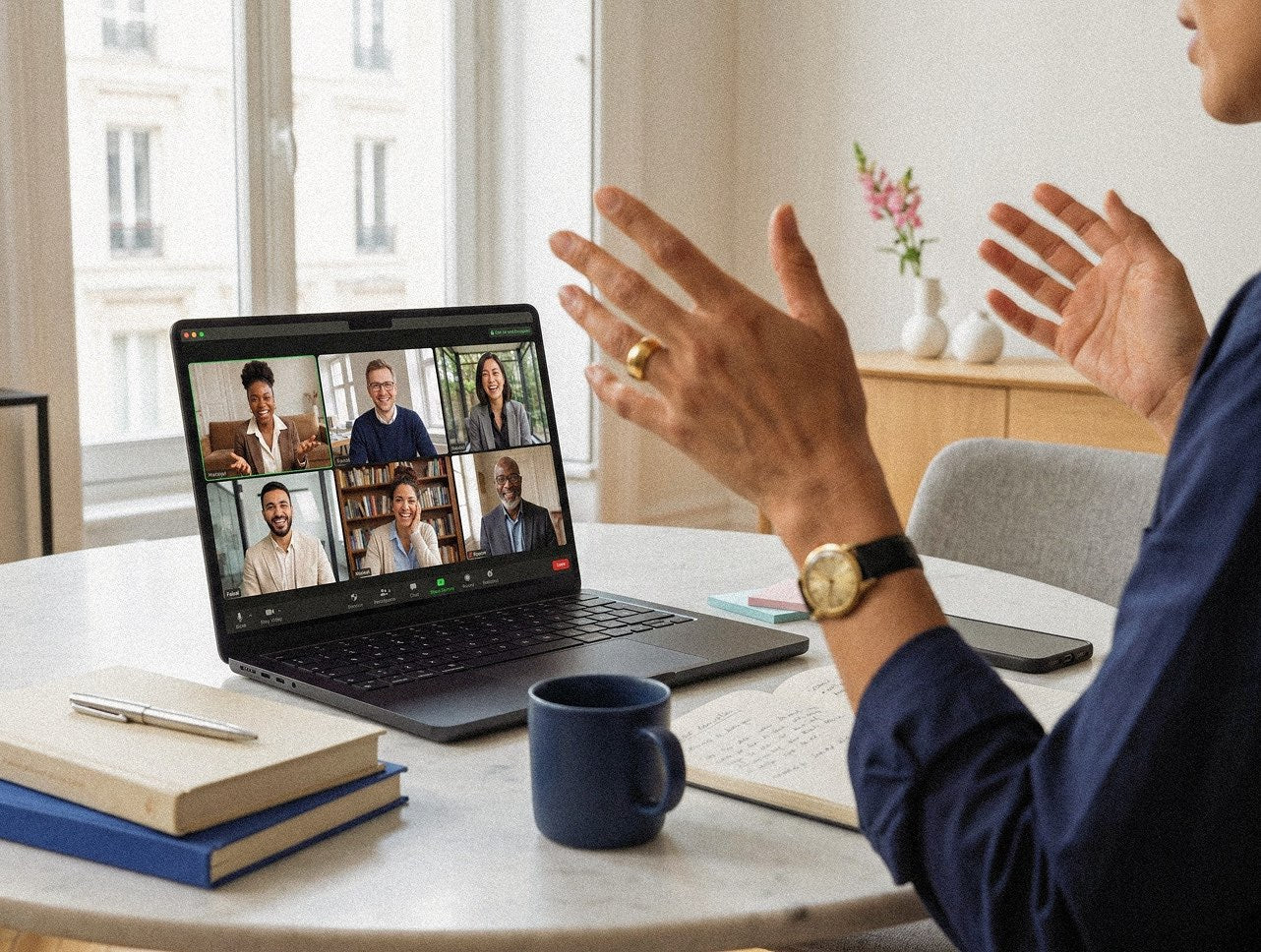 A career-design workshop on a video call, six people on screen