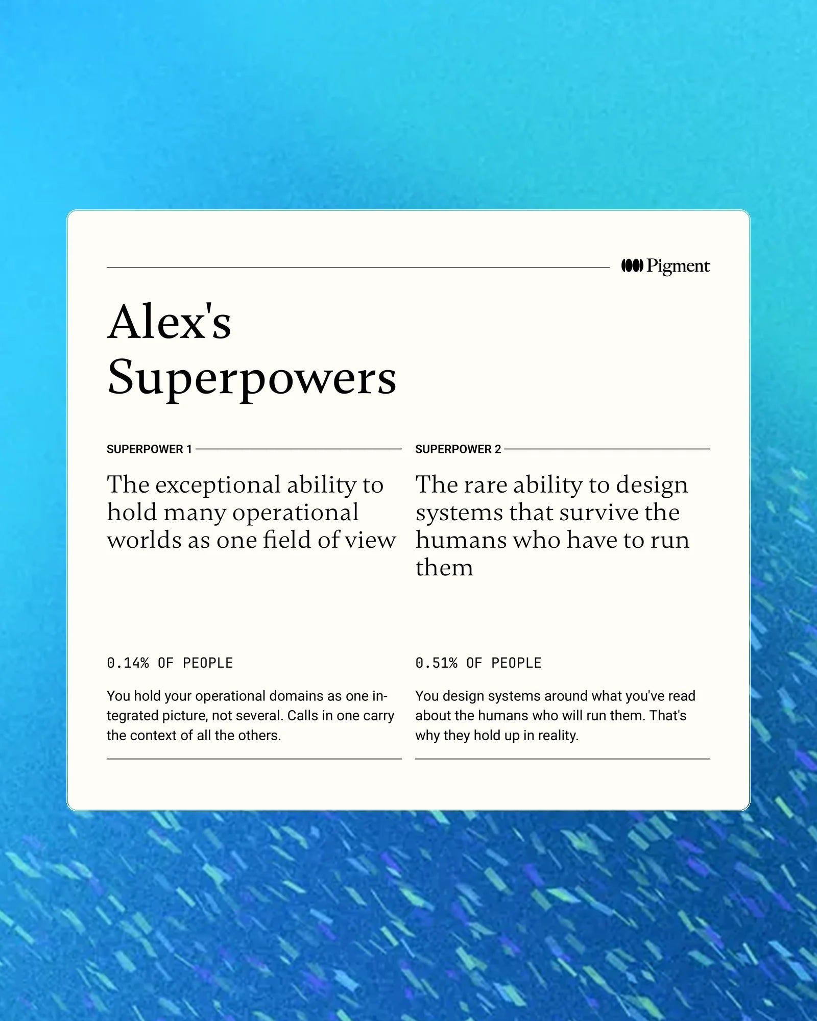 The two Superpowers page from a Pigment report